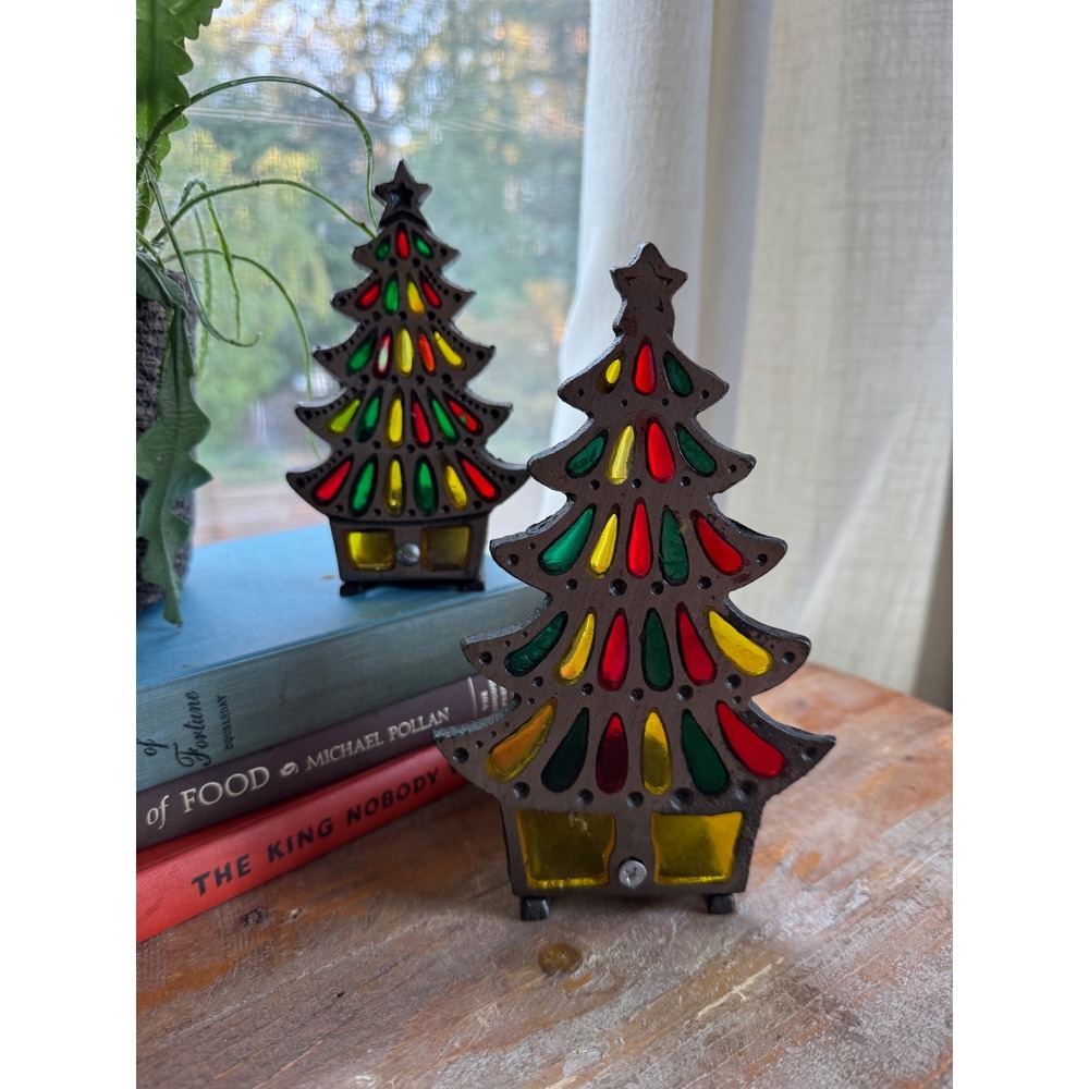 Vintage Cast Iron Stained‎ Glass Christmas Tree Votive Candle Holder Set of 2